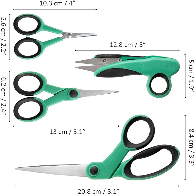 4-Piece Professional Tailor Sewing Scissors Set - 8.1" Heavy Duty Sharp Blades, 4" Detail, 5.1" Embroidery, 5" Thread Snips with Ergonomic Comfortable Handle