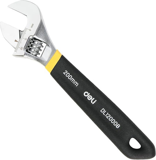 deli 8" Adjustable Wrench Heavy-Duty Chrome Anti-Slip Grip, Smooth-Jaw, Cr-V Steel, Wide Opening for Plumbing & DIY