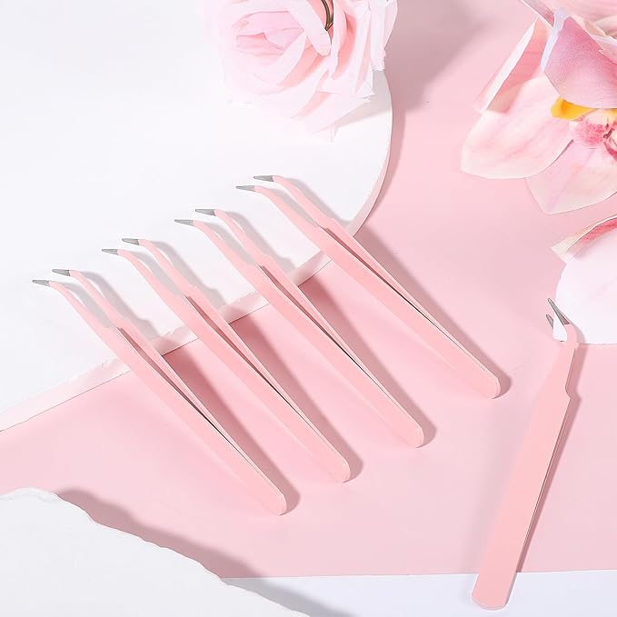 9 Pcs Precision Tweezers, Stainless Steel Craft Tweezers for Crafting, Curved Tweezer Multipurpose Pointed Long Tweezer for Crafting DIY Bead Jewelry Making, Scrapbooking, Crafts, Nail Art (Pink)