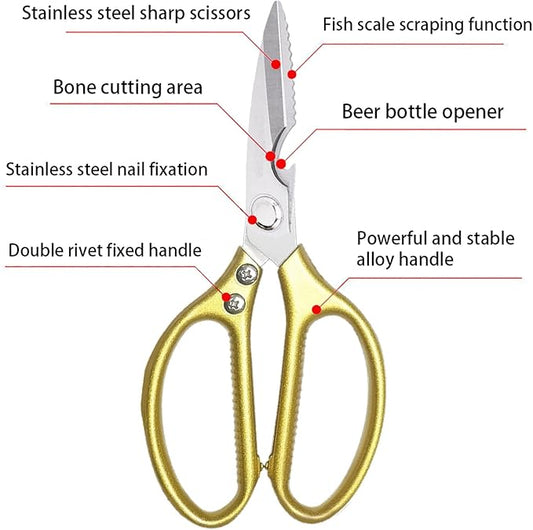 Kitchen Scissors All purpose, Have duty Stainless Steel Cooking Shears for Cutting Meat, Chicken,Poultry, Fish, Herbs, Seafood Scissors with Comfort Grip gold