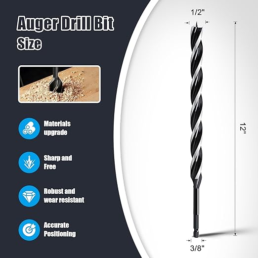 1/2" x 12" Auger Drill Bit for Wood, Hex Shank Tri Flute Ship Auger Long Drill Bit for Soft and Hard Wood,Tree Stump,Plastic,Drywall and Composite Materials
