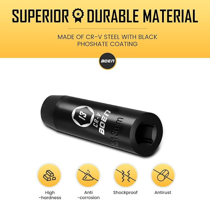 BOEN 1/2" Drive Deep Impact Socket,13mm Premium Socket,Metric,6 Point,Cr-V Steel with Laser Marking - Strong and Durable