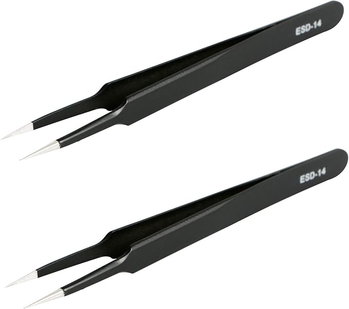 新品 Aoje-Link ESD-14 Professional Anti-Static Precision Technology Tweezers, Non-magnetic Tip Straight, Stainless Steel Plastic Coated, Full Length 120mm, Black, 2pcs…