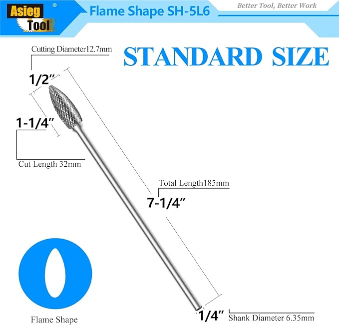 SH-5L6 Tungsten Carbide Burr Rotary Lengthened File Flame Shape Double Cut with 1/4''Shank for Die Grinder Drill Bit