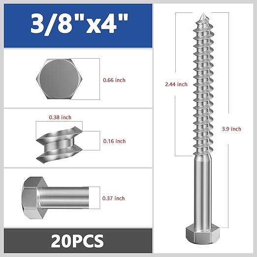 Lag Screws Wood Screws (20PCS, 3/8"x4", Silver) Hex Head Lag Bolts,(10x100) Heavy Duty Lag Screws,304 Stainless Steel Bolts 18-8
