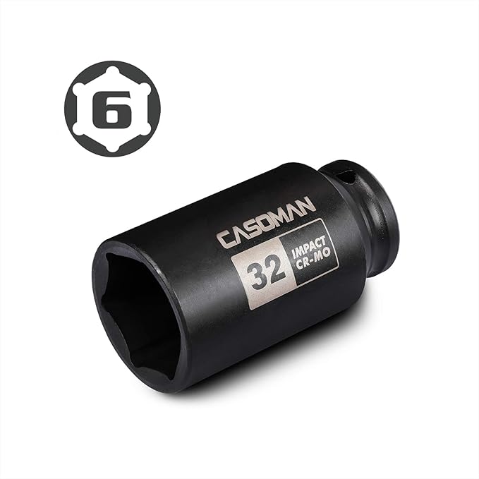 CASOMAN 1/2" Drive x 32 mm Deep 6 PT Impact Socket, CR-MO, 1/2-inch Drive 6 Point Axle Nut Socket for Easy Removal of Axle Shaft Nuts (32MM)