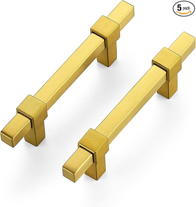 5 Pack Gold Cabinet Handles - 3" Hole Center Cabinet Pulls Drawer Pulls Cabinet Hardware Kitchen Handles for Cabinets