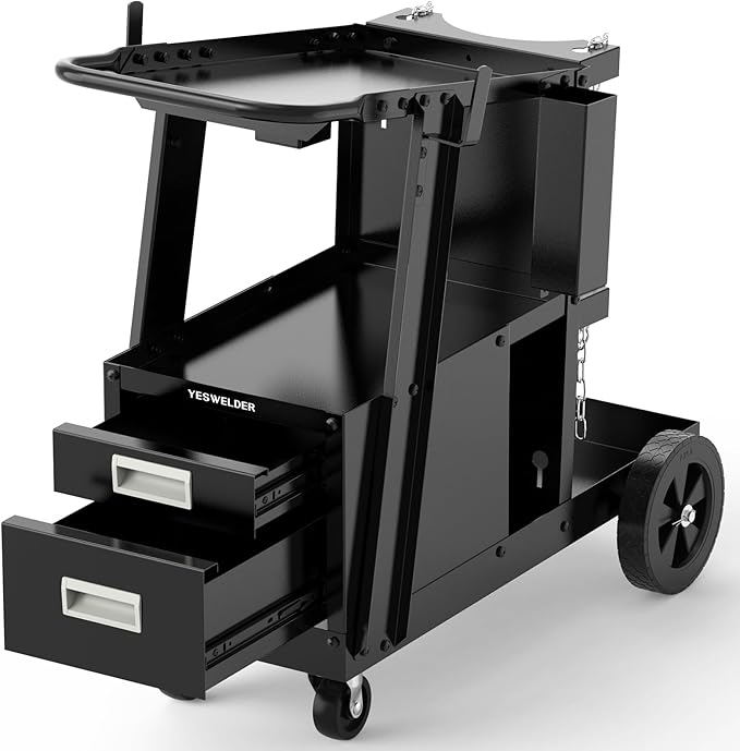 YESWELDER Welding Cart竊?-Tier with 2 Drawers for MIG Welder TIG Welder and Plasma Cutter, Tank Storage Safety Chains, Heavy Duty Large Storage 360째 Swivel Wheels Welding Trolley
