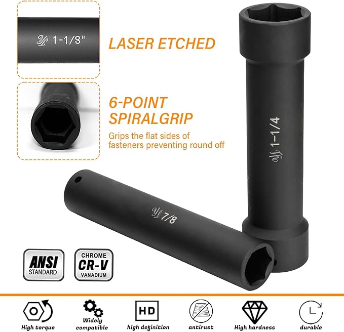 1/2 Inch Drive Extra Deep Long Socket Set, 6PCS Extended Length Impact Socket Set Contains Sizes 3/4", 7/8", 15/16", 1-1/16", 1-1/8", 1-1/4", Specifically Designed for High Torque Applications