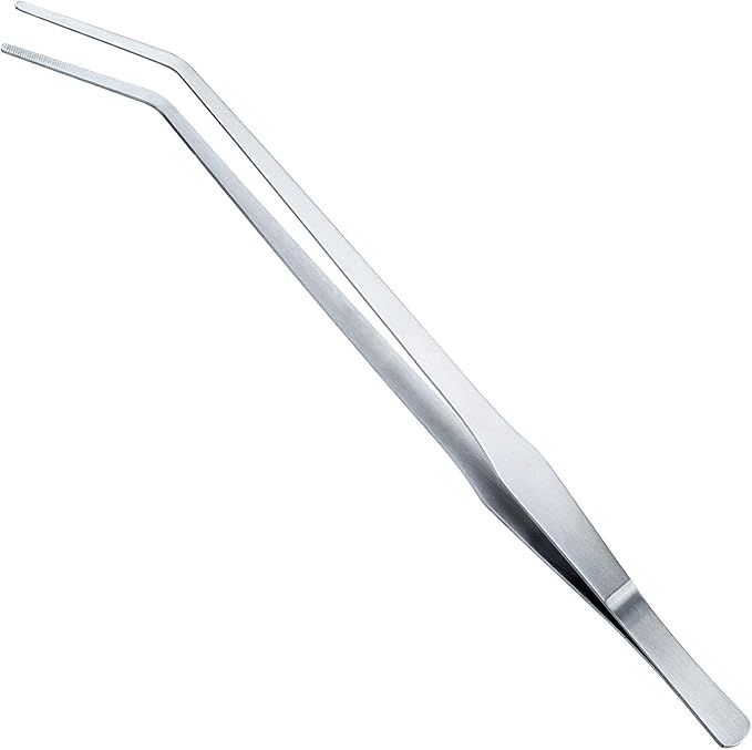 OIIKI 15 inch Curved Aquarium Tweezers, Stainless Steel Polished Tongs Tweezers with Precision Serrated Tips for Garden, Kitchen, Indoor & Outdoor