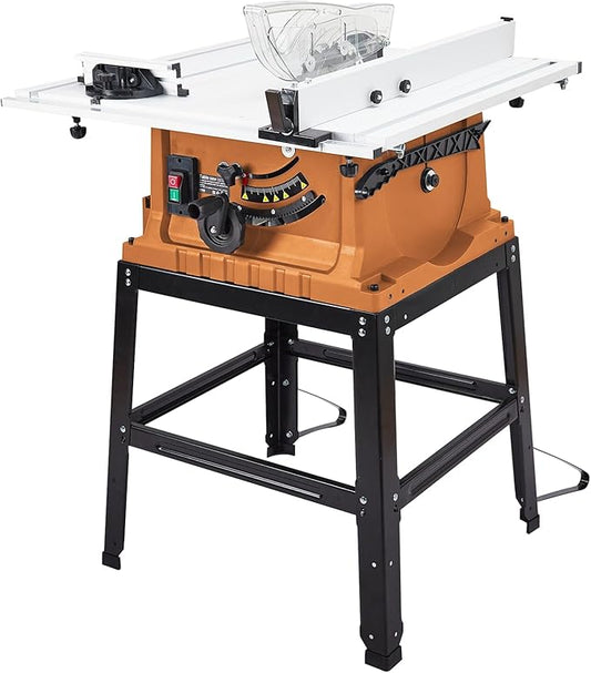 Table Saw, 10 Inch 15A Multifunctional Saw With Stand & Push Stick, 90째 Cross Cut & 0-45째 Bevel Cut, 5000RPM, Adjustable Blade Height for Woodworking, Orange