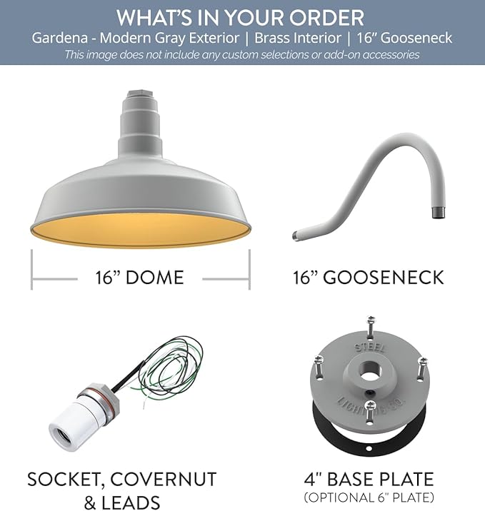 Steel Lighting Co. | Dusk to Dawn | Gardena Barn Light | Outdoor Wall Mounted | 16" Dome | 16" Gooseneck | Farmhouse Light Made in America | Modern Gray/Brass