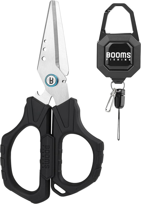 Booms Fishing Braided Line Cutter: 6.3in Multifunction Fishing Scissors with Retractor - Fishing Shears with Serrated Blades and Side Wire Cutter, S04