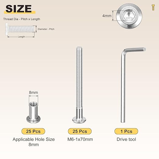 METALLIXITY Furniture Crib Screws Replacement Set with Wrench(M6-1x70mm) 50Pcs, Connector Bolts M6 Screw Barrel Nuts Binding Screws, for Chair Cabinet Bed, Silver