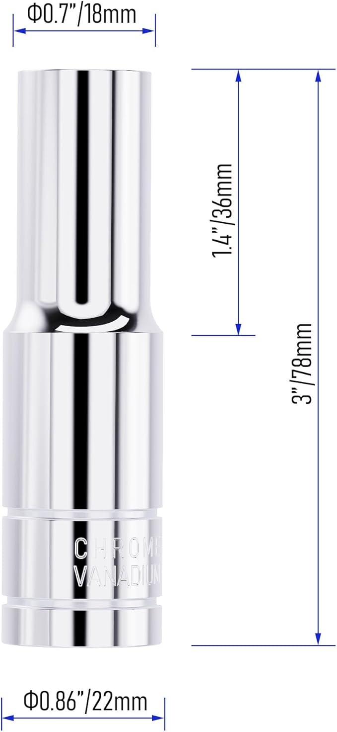 11mm Deep Socket, 1/2 Inch Drive, 6-Point, Metric, Heat Treated CR-V Steel Sockets, Full Polishing, 3.1 Inch Length