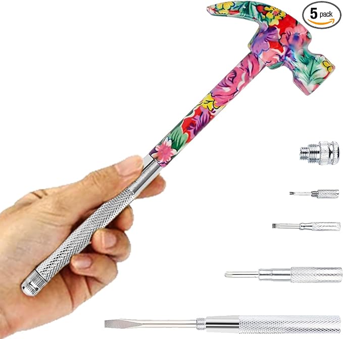 6 in 1 Flower Hammer and Screwdriver Tool, Compact Screwdriver Hammer Tools Set with Screwdriver, Best Gift for Birthday Valentine's Mother's day Christmas Thanksgiving Halloween (Pink)