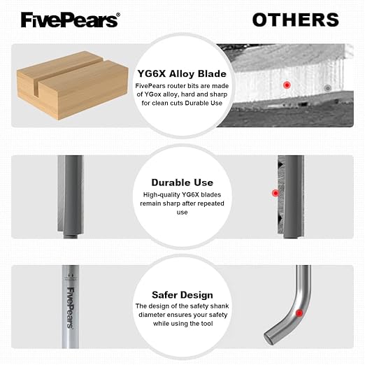 FivePears Straight Router Bits 1/4 Inch Shank Double Flute, 3/8 Inch Cutting Diameter, 1-1/4 Inch Cutting Length, Used for Create Groove, Dado or Hollow