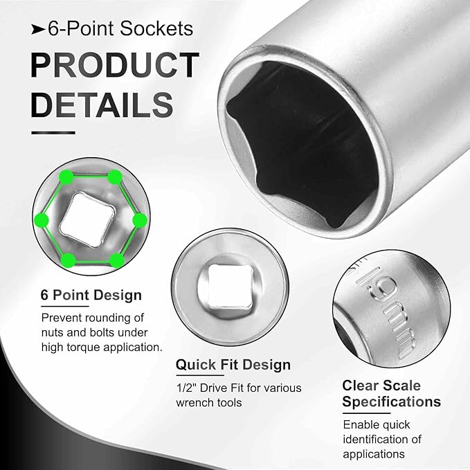 HARFINGTON 2pcs 6 Points Deep Socket 1/2" Drive 19mm Deep Metric CR-V Steel Polished Nickel Plating Flip Sleeve 120mm / 4.7" Extra Long Socket Tool for Home Auto Nuts Bolts Repair