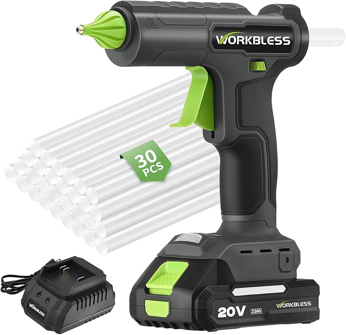 Cordless Hot Glue Gun Full Size,Hot Glue Gun with 20V 2000mAh Battery & 30pcs 11mm Clear Glue Sticks, Heavy and Duty Hot Glue Gun for Arts, Repair, Wood Working, Leak-Proof Nozzle