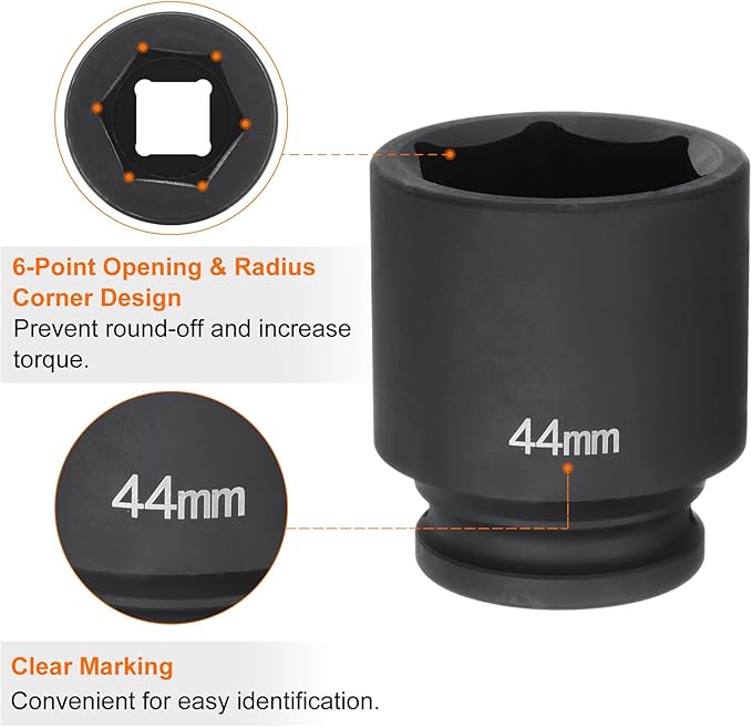 HARFINGTON 6-Point Impact Socket 3/4" Drive 44mm Metric 40Cr Alloy Steel Spindle Axle Nut Impact Socket