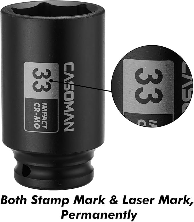 CASOMAN 1/2-Inch Drive x 33 mm Deep 6-Point Impact Socket, CR-MO, 1/2" Dr. Axle Nut Socket for Easy Removal of Axle Shaft Nuts (33MM)