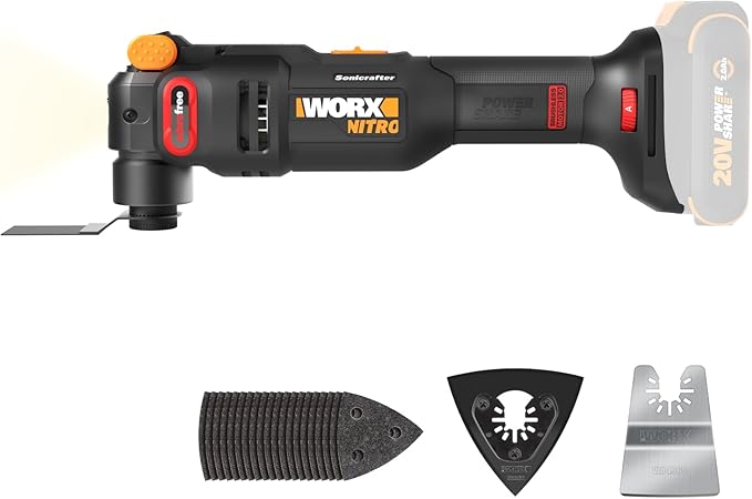 Worx Nitro 20V Cordless Oscillating Multi Tool with 5째 Oscillation Angle, VibraFree Technology, Slim-body Design, Tool Only, 23 Pieces Accessories with Carrying Bag, WX698L.9
