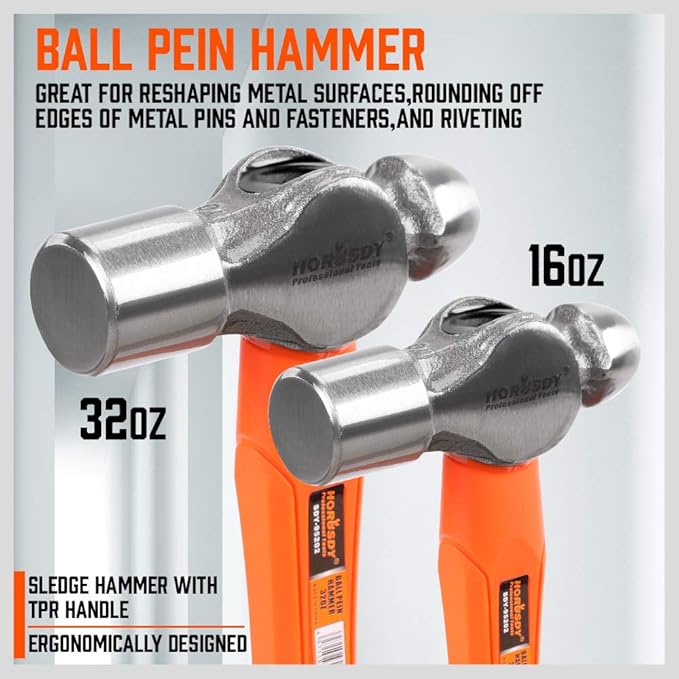 HORUSDY 5-Piece Hammer Set, 16oz and 32oz Ball Pein Hammers, 32oz Rubber Mallet, 3lb Sledge, 3lb Cross Peen Hammer