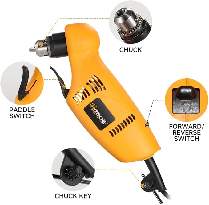 Hoteche 3/8-Inch Right Angle Drill, 3.8A Electric Corded Power Drill with Variable Speed 0-1400 RPM, Forward & Reverse Switch, Compact Design for Tight Spaces