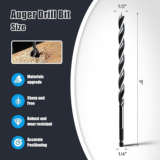 1/2'' x 9'' Auger Drill Bit for Wood, Hex Shank Tri Flute Ship Auger Long Drill Bit for Soft and Hard Wood,Tree Stump,Plastic,Drywall and Composite Materials