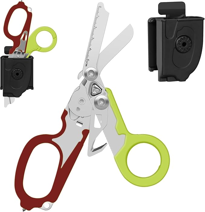 6-in-1 Heavy Duty Emergency/Trauma Shears, with Carbide Glass Breaker, Ring Cutter, Foldable, Stainless Steel Multi-Purpose Scissors for Hospital, Home, Camping, and Travel Rescue Tools (Red+Green)