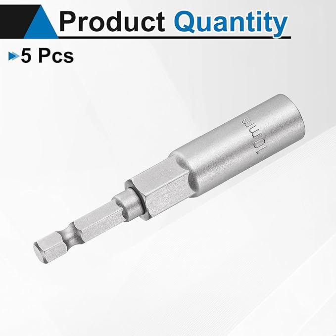 HARFINGTON 5pcs Nut Driver Drill Bit 10mm Metric Socket 1/4" Hex Shank 3.15" (80mm) Long 6-Point Sockets Quick Change CR-V Steel Bolt Setters for Power Drill Drivers