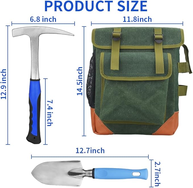 13-Piece Set - Geological Rock Pick Hammer Kit, Rockhound Field Guide - Backpack Portable Chisel and 32-Ounce Hammer Set - Suitable for Gold Mining, Rockhounding and Geology Enthusiasts (Blue)