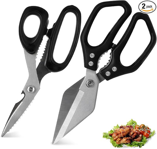 2-Piece Kitchen scissors (1 Heavy-Duty Poultry Shears + 1 Chicken Bone scissors) Stainless Steel Cooking Shears, Multi-purpose kitchen shears for meat, fish, vegetables, and poultry.