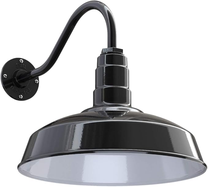 Steel Lighting Co. | Dusk to Dawn | Gardena Barn Light | Outdoor Wall Mounted | 16" Dome | 16" Gooseneck | Farmhouse Light Made in America | Black Exterior/White Interior