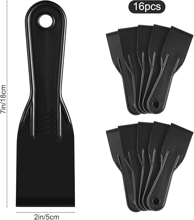 16 Pcs Plastic Putty Knife 2" Black Flexible Putty Knife Scraper Plastic Knives Putty Knife Set for Spackling,Repairing Walls, Removing Wallpaper,Pasting Plaster, Applying Mud