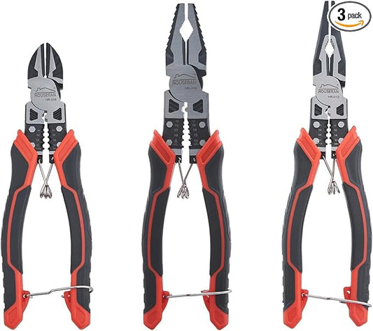 Pliers Set, HOUSERAN 3-Piece Plier Tool Set Including 8.3??Needle Nose Plierss, 8.3??Linemans pliers, 7.5??Diagonal Cutters, Spring Loaded with Safety Lock, Combination Plieres set