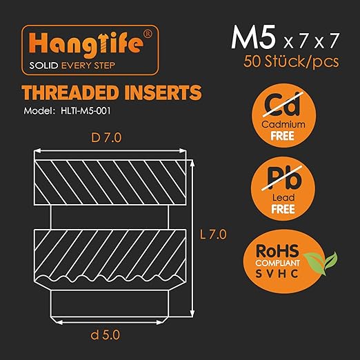 HANGLIFE Heat-Set Threaded Inserts, M5 Heat Set Insert for 3D Printing Components and Plastic Parts - Brass Metric Knurled Nuts (50 Pieces)