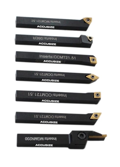 Accusize Industrial Tools 7 Pieces/Set 1/4'' Indexable Carbide Turning Tool Set with 10 Extra Carbide Inserts and 1 pc 6'' Rigid Steel Ruler in Fitted Box