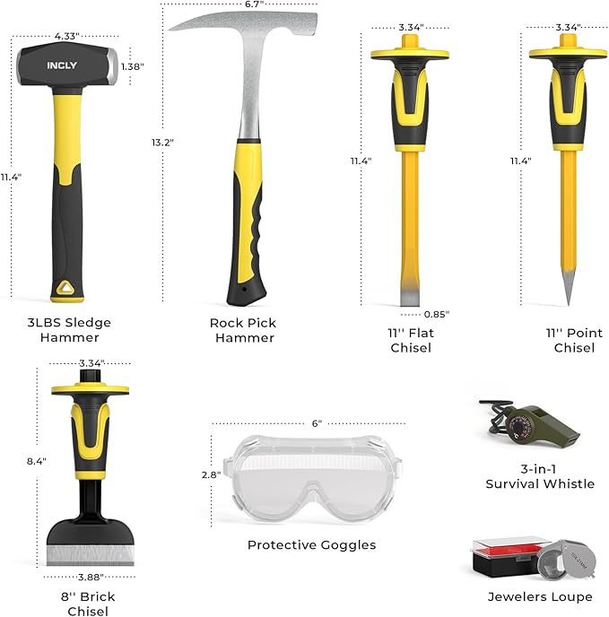 INCLY 8PCS Geology Rock Pick Equipment Kit, 3lb Sledge & 32oz Rock Hammer with 3PCS Concrete Chisel, Safety Goggles, Jewelers Loupe, Rock Hounding Equipment for Splitting, GoldMining, Stone Breaking