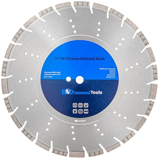 16" All Purpose Diamond Saw Blades for Hard/Reinforced Concrete, Asphalt, Granite, Terrazzo, Ductile Iron Piping, 5-5/8" Cutting Depth, 20mm Arbor