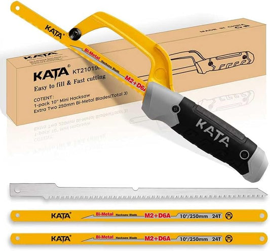 KATA Mini Hacksaw for Metal Cutting, Compact Hand Hack Saw Tool with 10 Inch Aluminum Frame, 2PC Extra Flexible M2+D6A HSS Blades and 1PC Woodworking Saw Blade, Cuts Thin-Wall Metal in Tight Spaces