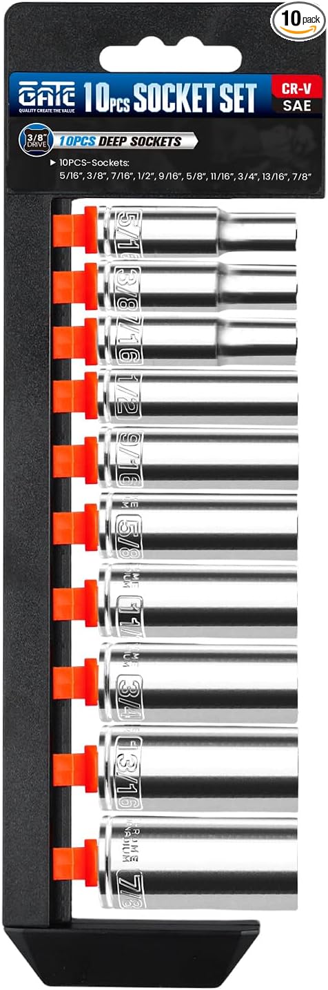 10PCS 3/8??Drive Deep Socket Set, SAE (5/16"-7/8"), 6-Point, Cr-V Steel, Chrome Plated Socket With Hanging Bracket, Cover Most Commonly Sizes