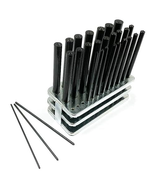 HHIP 8600-0041 28-Piece Transfer Punch Set ??3/32" to 1/2" by 64ths + 17/32", Precision Undersize .0025", Hardened Tool Steel, 4-7/8" Long, Black Oxide, Indexed Stand for Accurate Hole Transfer
