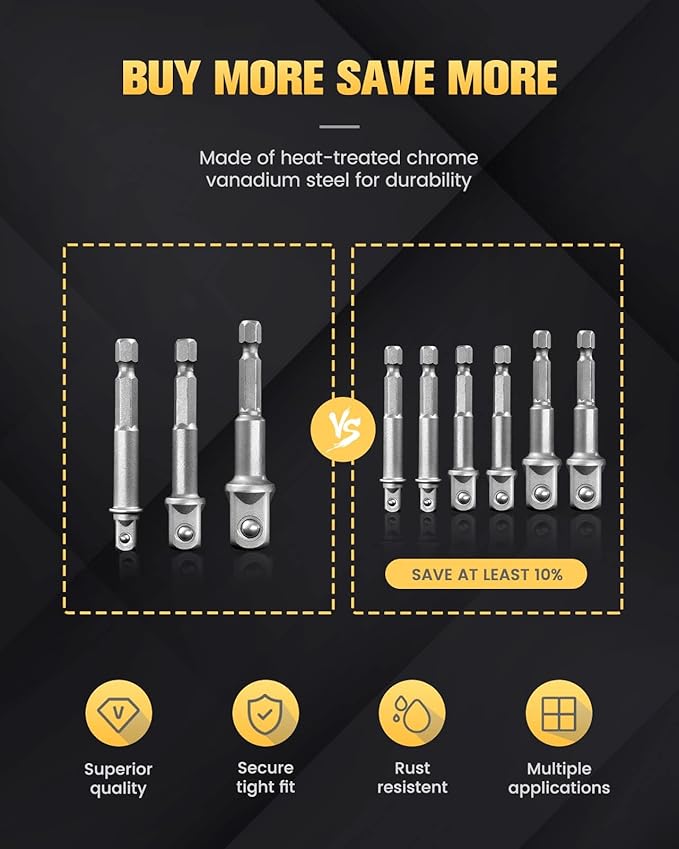 BOEN Impact Grade Socket Adapter Set, 3-PCS Drill Bit Adapter with Bit Holder, Sizes 1/4", 3/8", 1/2", 1/4-Inch SAE Hex Shank, Cr-V, for Cordless Drill & Screwdriver, Power Drill & Driver