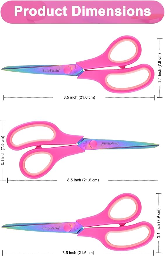 8.5" Office Scissors Heavy Duty, Titanium Coating Sharp Blades, Ergonomic Semi-Soft Rubber Grip, Scissors All Purpose for Sewing, School, Fabric, Art Craft Supplies, Pink, 3-Pack