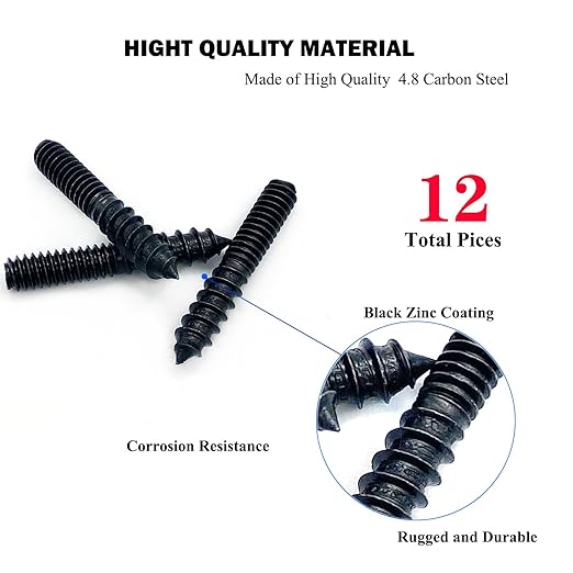 12 Pack 1/4-20 x 1-1/2 Inch Black Hanger Bolts 1/4-20" Double Headed Bolts 1/4 Wood Dowel Screw Self-Tapping Screw Hanger Bolts for Furniture Screws Double Screw Threaded Rods Bolt 37mm Length