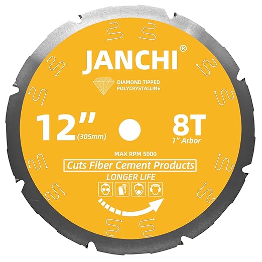 12-Inch 8T PCD Tip Hardie Fiber Cement Saw Blade with 1-Inch DMK Arbor, Polycrystalline Diamond Tipped Teeth Saw Blade for Laminate Flooring
