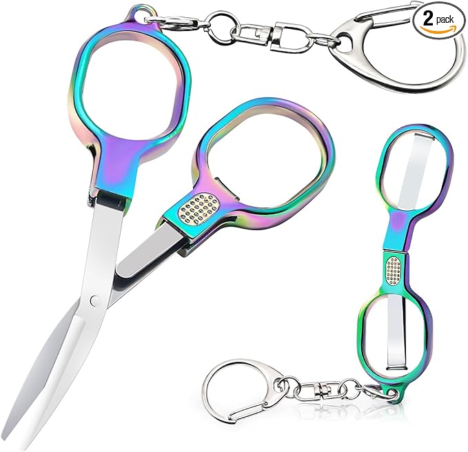 Small Folding Scissors with Keychain, 2 Pieces Portable Mini Safety Scissors for Travel, First Aid, Sewing, Craft & Office - Blunt Tip Tiny Shears for Nurses, Medical Kit, Crochet and Daily Use