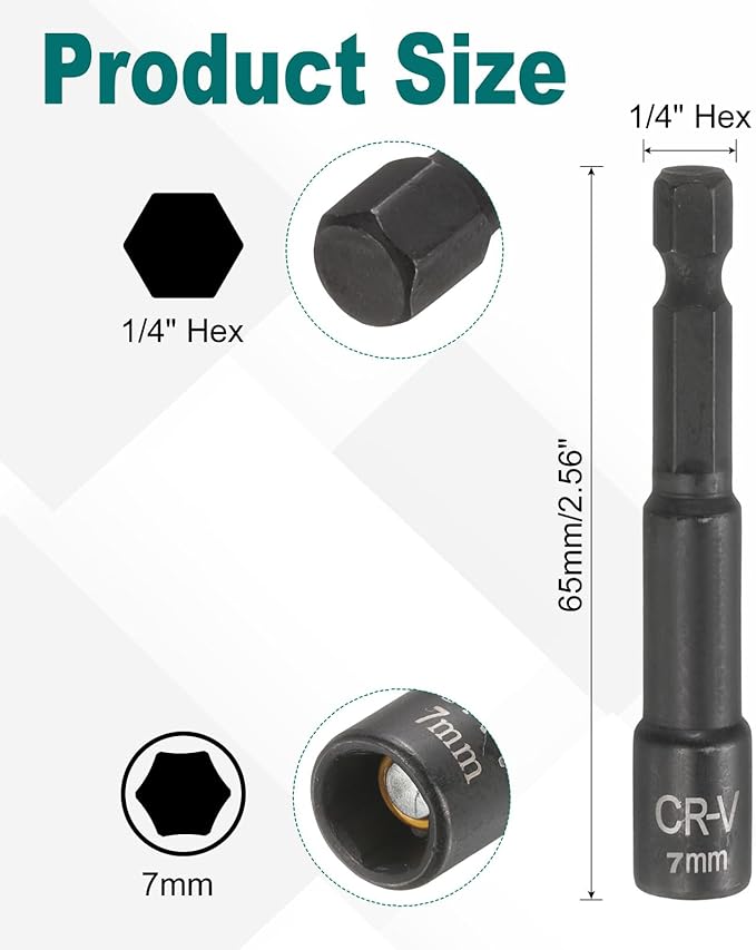uxcell 2Pcs 1/4" Hex Shank 7mm Magnetic Hex Socket 65mm Length, CR-V Steel Quick-Release Impact Driver Socket Wrench Screw for Impact Drill Power Nut Setter