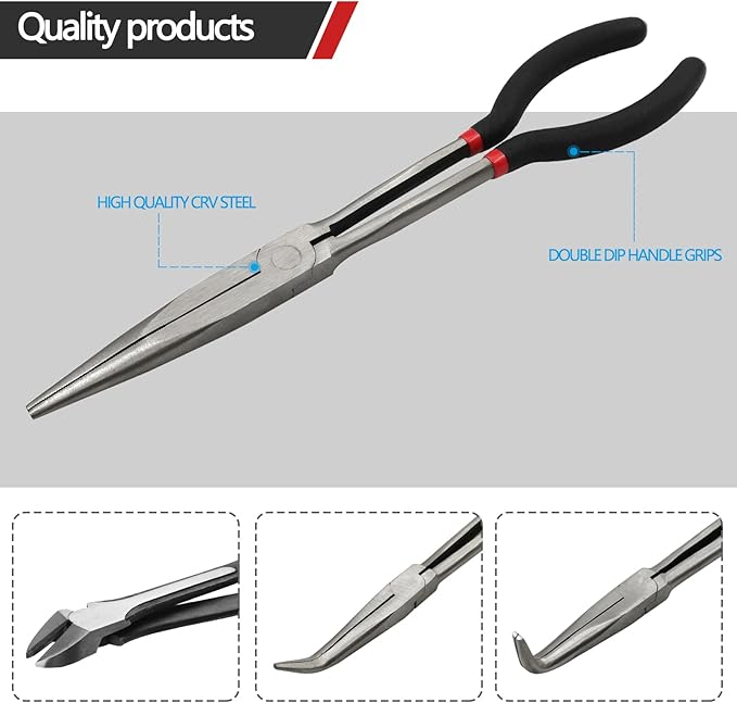 4-Piece 11" Extra Long Needle Nose Pliers Set with Insulated Comfort Grip, Straight Long Reach, 45/90째Bent Nose & Diagonal Pliers for Bending, Shaping & Trimming in Narrow Spaces